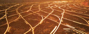 Railroad tracks of Perrache station, Lyon, during sunrise.
